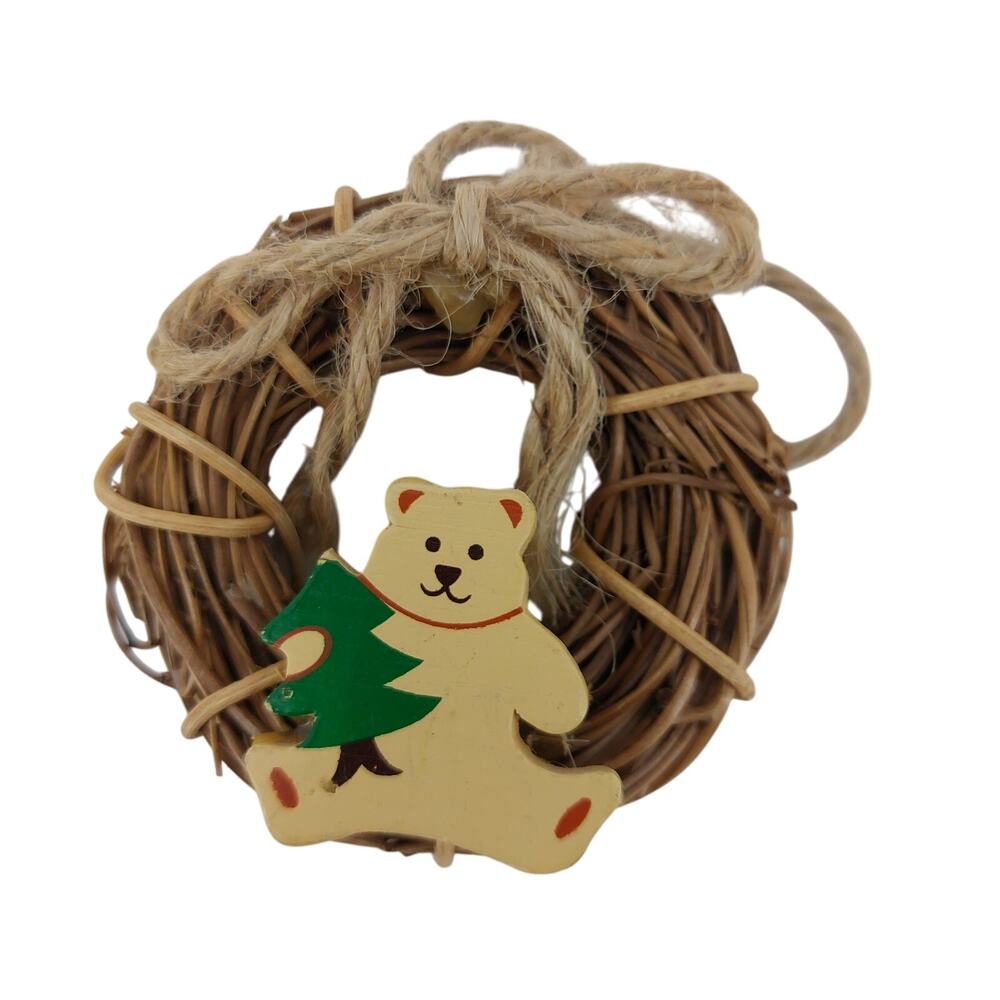 Vintage Christmas Wreath Ornament Teddy Bear Holding Tree